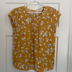 Mustard Floral Pintuck Cap-Sleeve Blouse